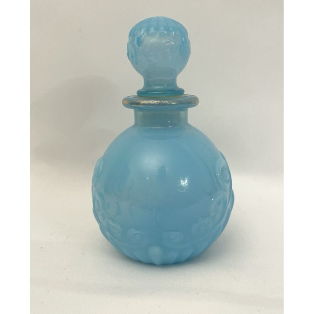Vintage Avon Blue Opaline Bristol Perfume Bottle with Stopper Glass Gold Rim VTG